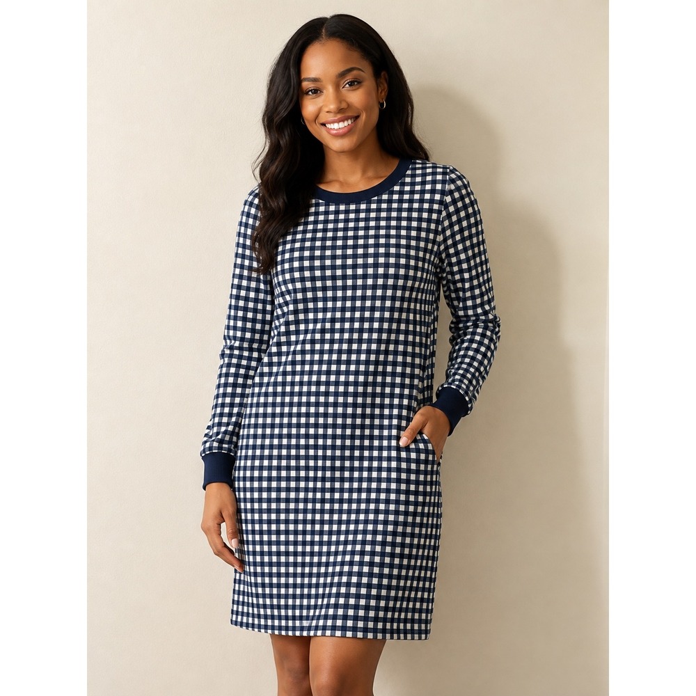 Talbots Navy White Gingham French Terry Shift Dress Long Sleeve Pockets Medium